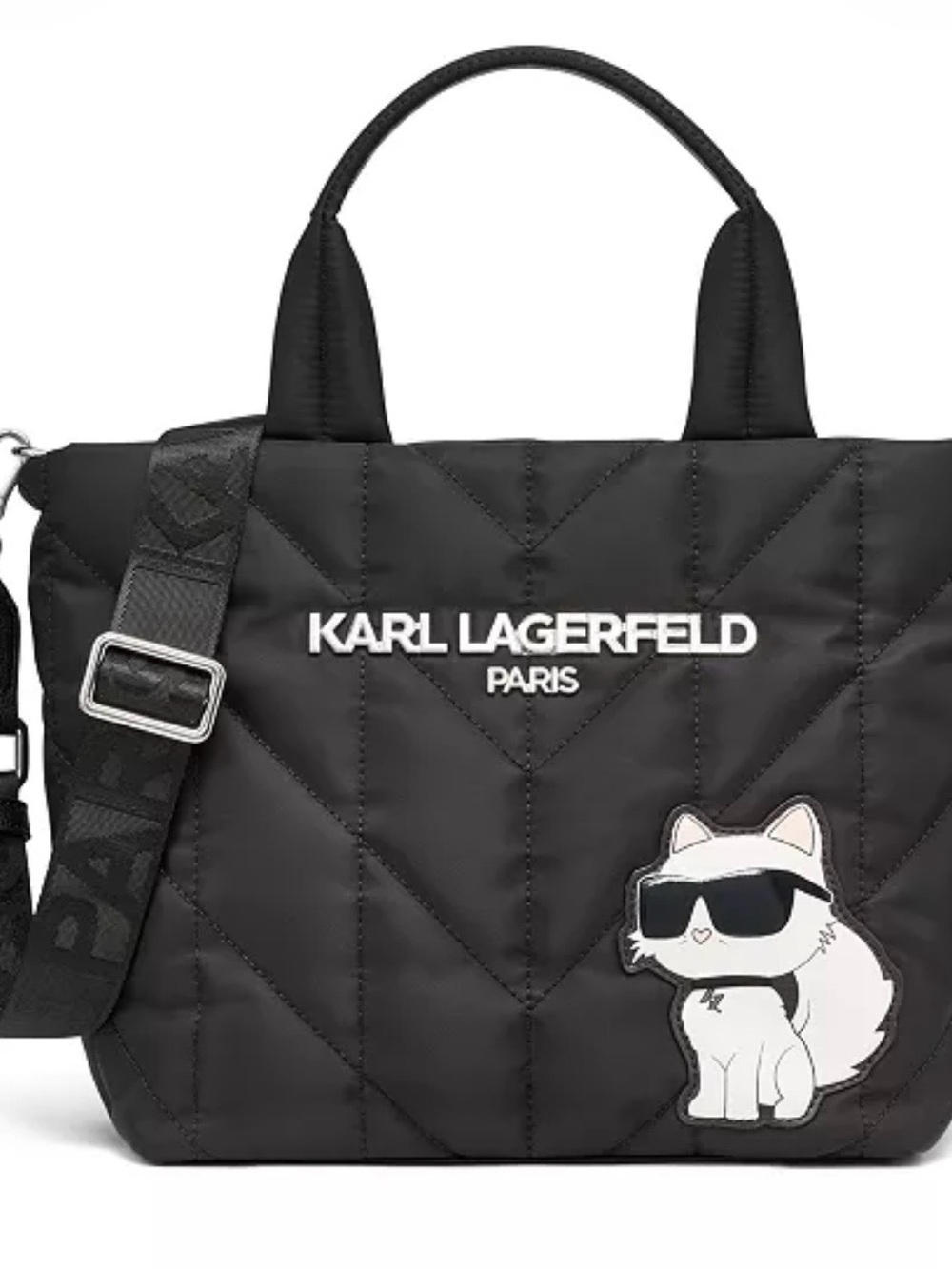Karl Lagerfeld Black Quilted Nylon Tote with Cat Patch stunning new